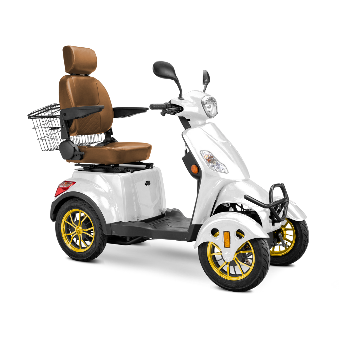 The Bespoke Prestige Recreational 4-Wheel Scooter features a white frame, yellow-accented rims, brown cushioned adjustable seat with headrest and armrests, handlebars, rear metal basket, and is powered by a 600-watt motor for smooth mobility.